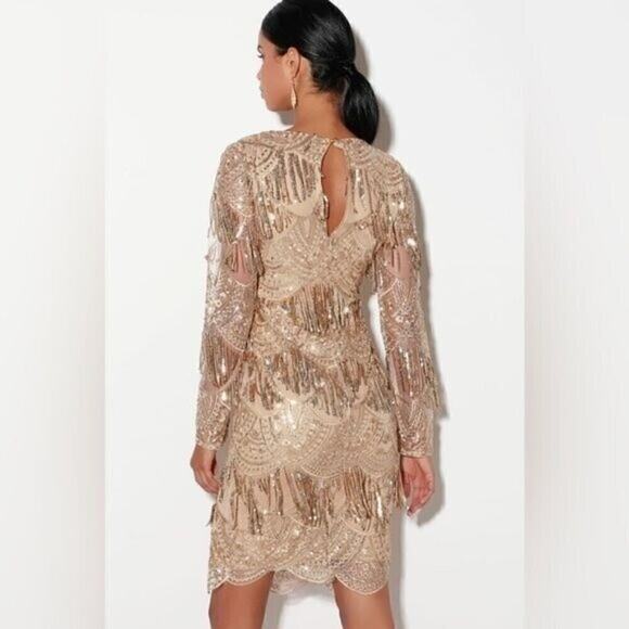 Gold Lulu's Dress XS Go Go Vintage NWOT V Neck Long Sleeve - Picture 2 of 11